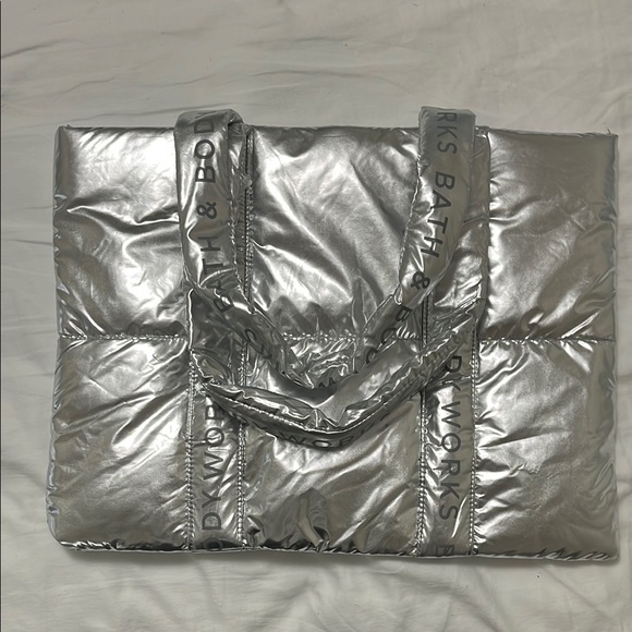 Bath & Body Works Silver Tote Bag with Quilted Texture and Metallic Finish - Picture 2 of 4